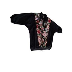 Silver Threads Womens Black vintage windbreaker Shirt Pullover 1X Floral Button